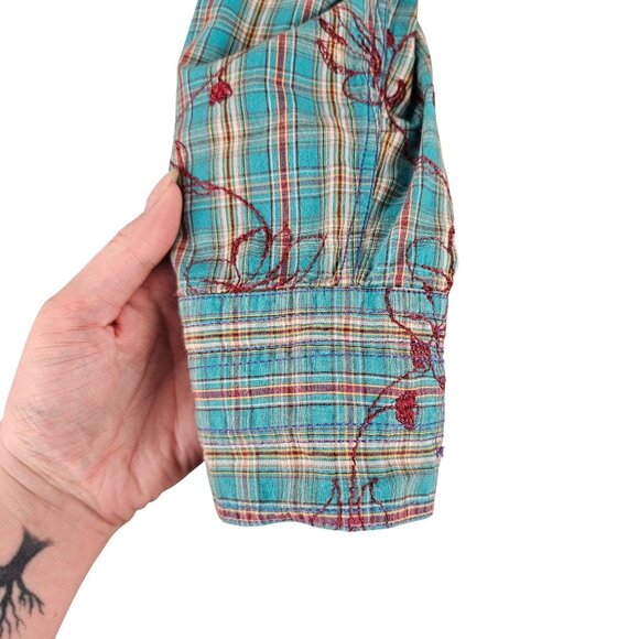 George Roth Floral Embroidered Blue Plaid Button Up Sz XL - Picture 3 of 11